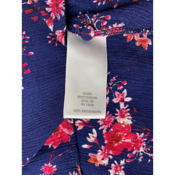 Roebuck & Co Womens Floral Peplum Top M Navy Pink Long Sleeve Tie Cuffs Boho - Picture 9 of 9